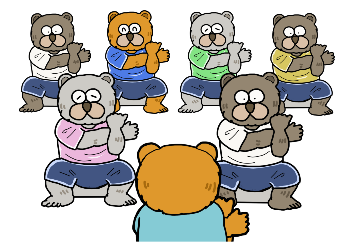 心リハのイラスト（集団で行う三角筋のストレッチ）