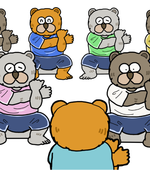 心リハのイラスト（集団で行う三角筋のストレッチ）
